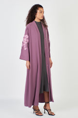 Plum Embroidered Floral Sleeve Open Abaya