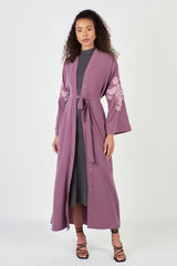 Plum Embroidered Floral Sleeve Open Abaya Belt