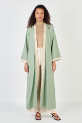 Green Cotton Linen Open Abaya with Trim