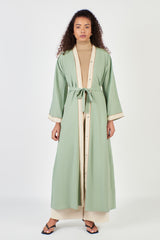 Green Linen Open Abaya with Trim and Belt