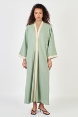 Green Cotton Linen Abaya with Trim