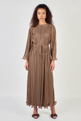 Bronze Pleated Abaya Dress with Ruffle and Belt