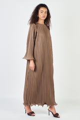 Bronze Pleated Abaya Dress with Ruffle Hem