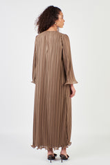 Bronze Pleated Abaya Dress with Ruffle and Belt