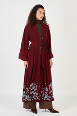 Embroidered Hemline Dark Red Open Abaya Belt