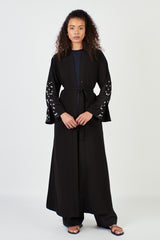 Black Pearl Open Abaya with Sleeve Slit and Belt