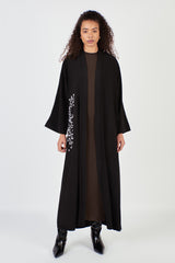 Embroidered Waist Black Open Abaya