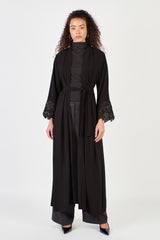 Embroidered Cuffs Black Open Abaya Belt