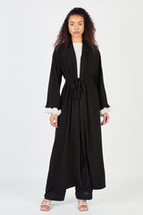 3D Flower Cuff Black Abaya with Belt